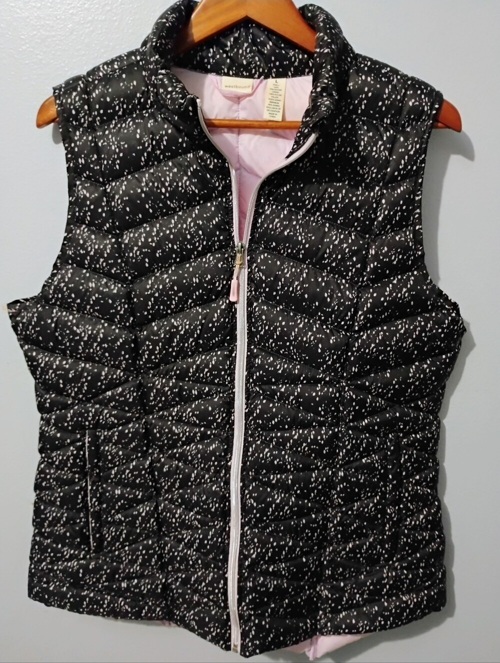 Westbound Black Quilted Vest with Light Pink Lining and Trim